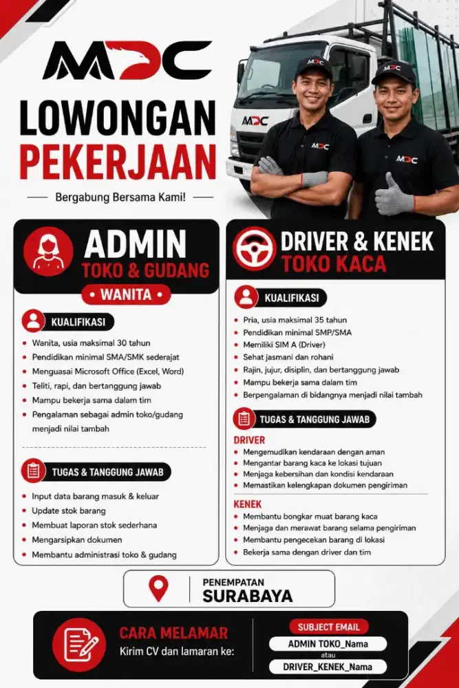 DIBUTUHKAN SEGERA.  LOWONGAN KERJA ADMIN, DRIVER DAN KENEK KACA