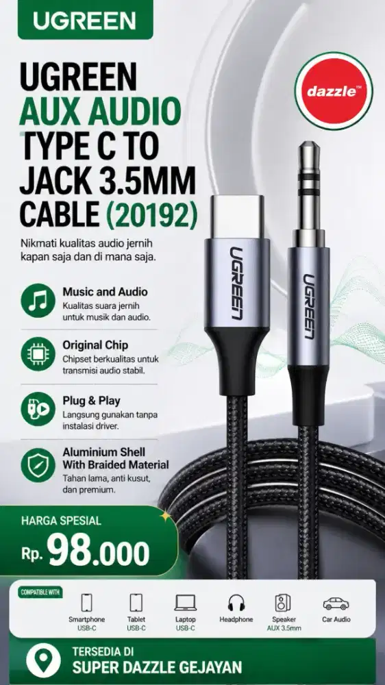 UGREEN AUX AUDIO TYPE C TO JACK 3.5MM (20192)