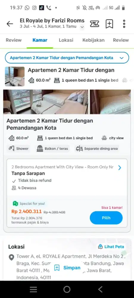 Jual cepat nginep apartemen Elroyale bandung 1 hari tgl 3 juli
