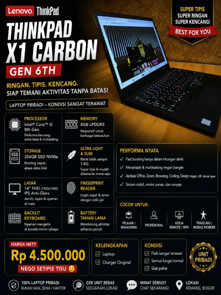Lenovo ThinkPad X1 Carbon Gen 6 iRAM 8GB SSD 256GB Super Ringan