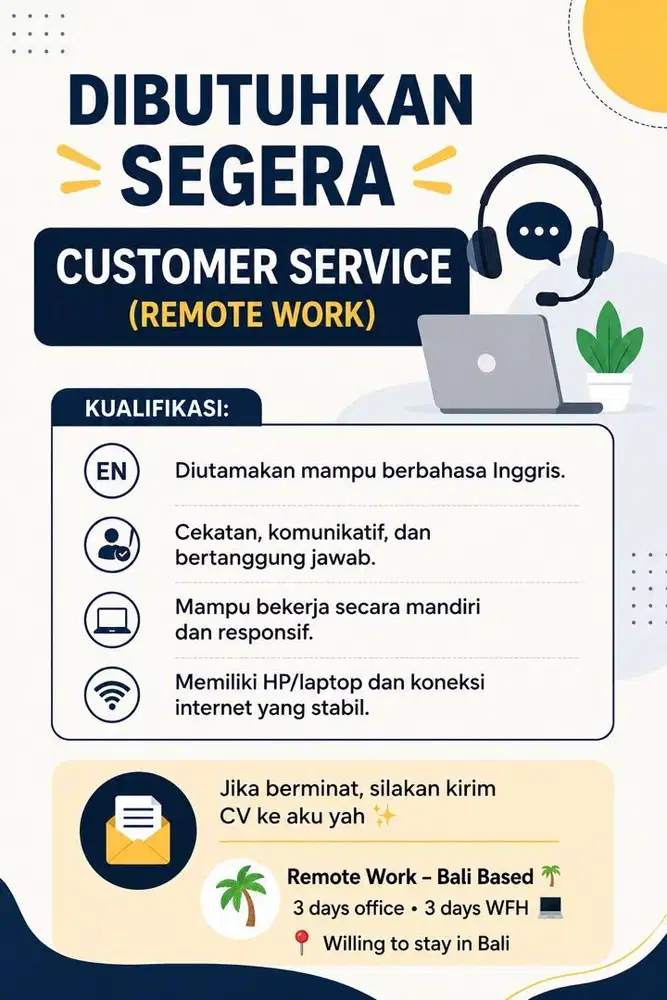 Dibutuhkan Segera Customer Service Remote Work di Bali