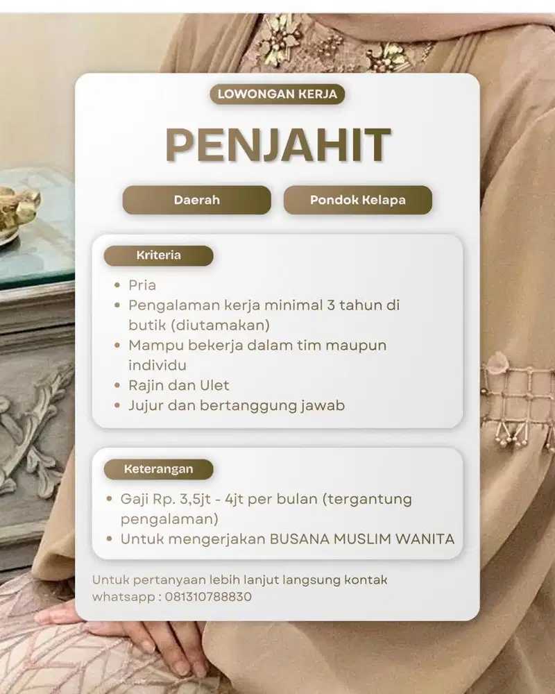 LOWONGAN KERJA PENJAHIT untuk didaerah PONDOK KELAPA - JAKARTA TIMUR