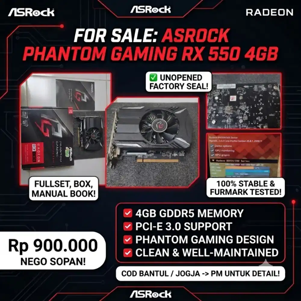 VGA ASRock RX 550 4GB Phantom Gaming - Fullset Segel Mulus