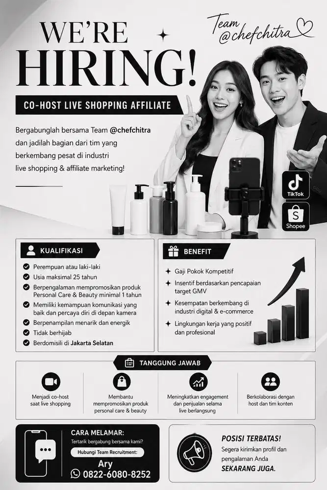 Dicari cohost live affiliate tiktok dan shopee