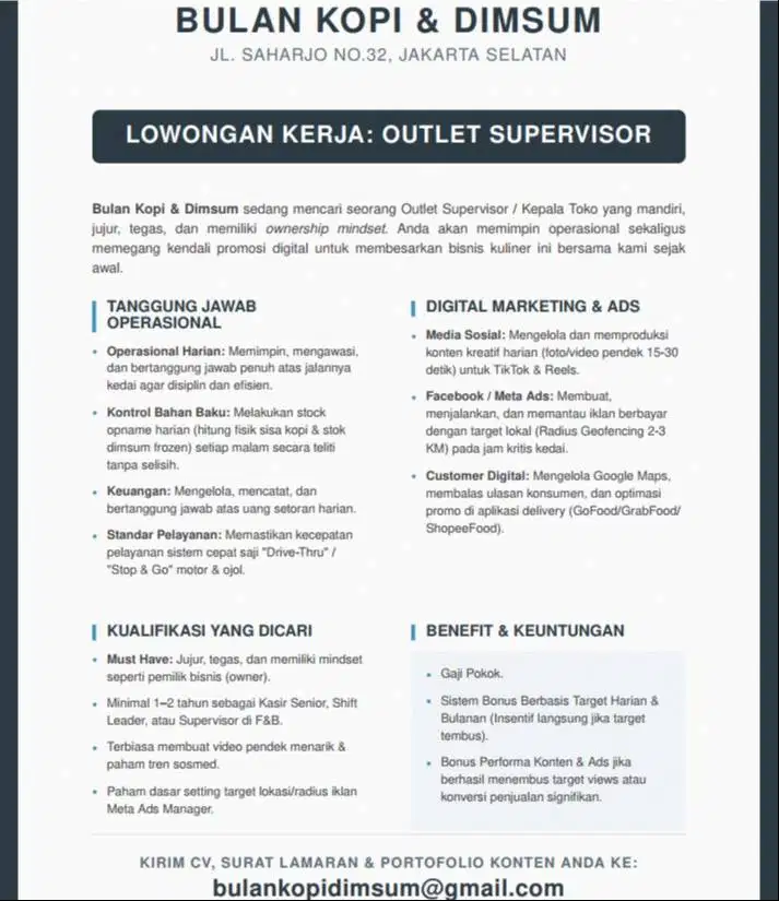 LOWONGAN : OUTLET SUPERVISOR KEDAI KOPI & DIMSUM (Jaksel, Jakarta)