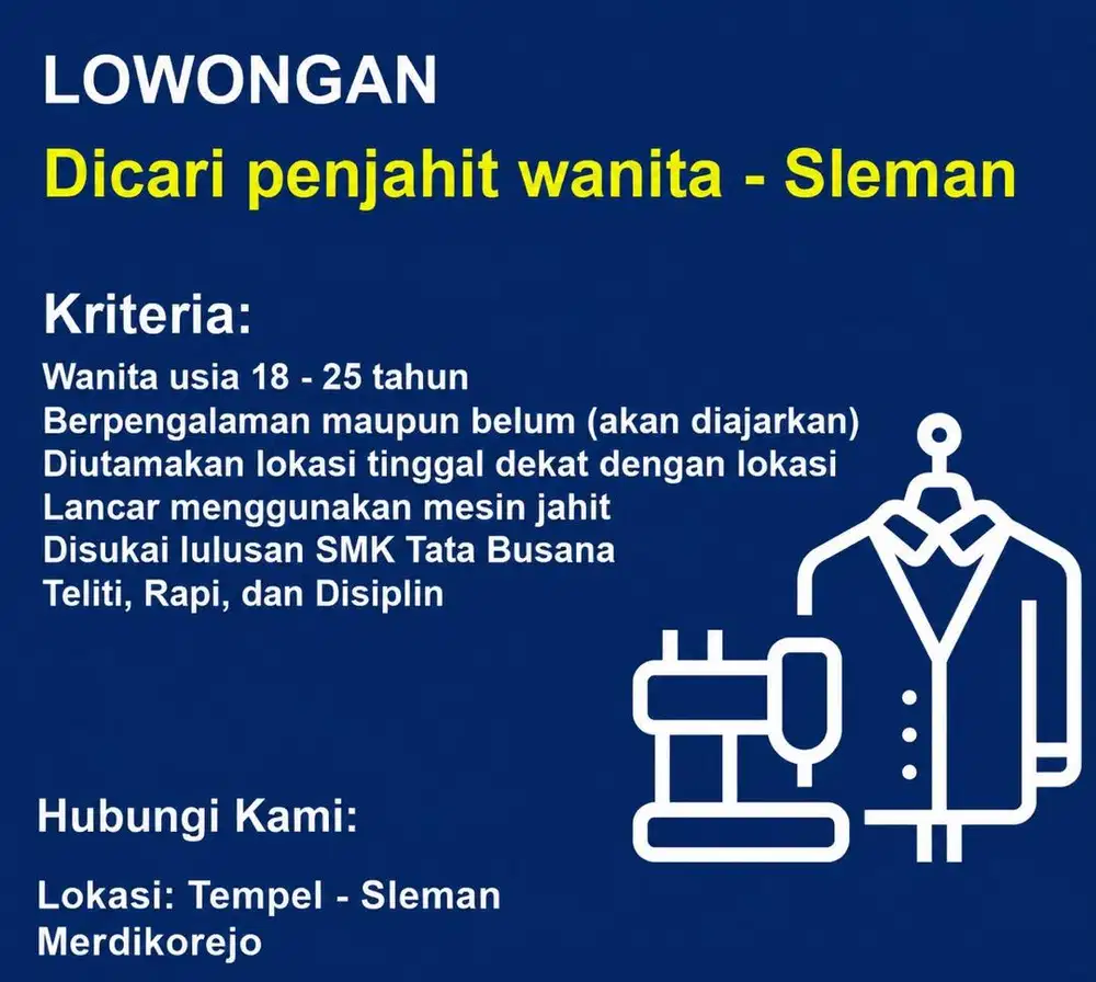 Dicari Penjahit Wanita