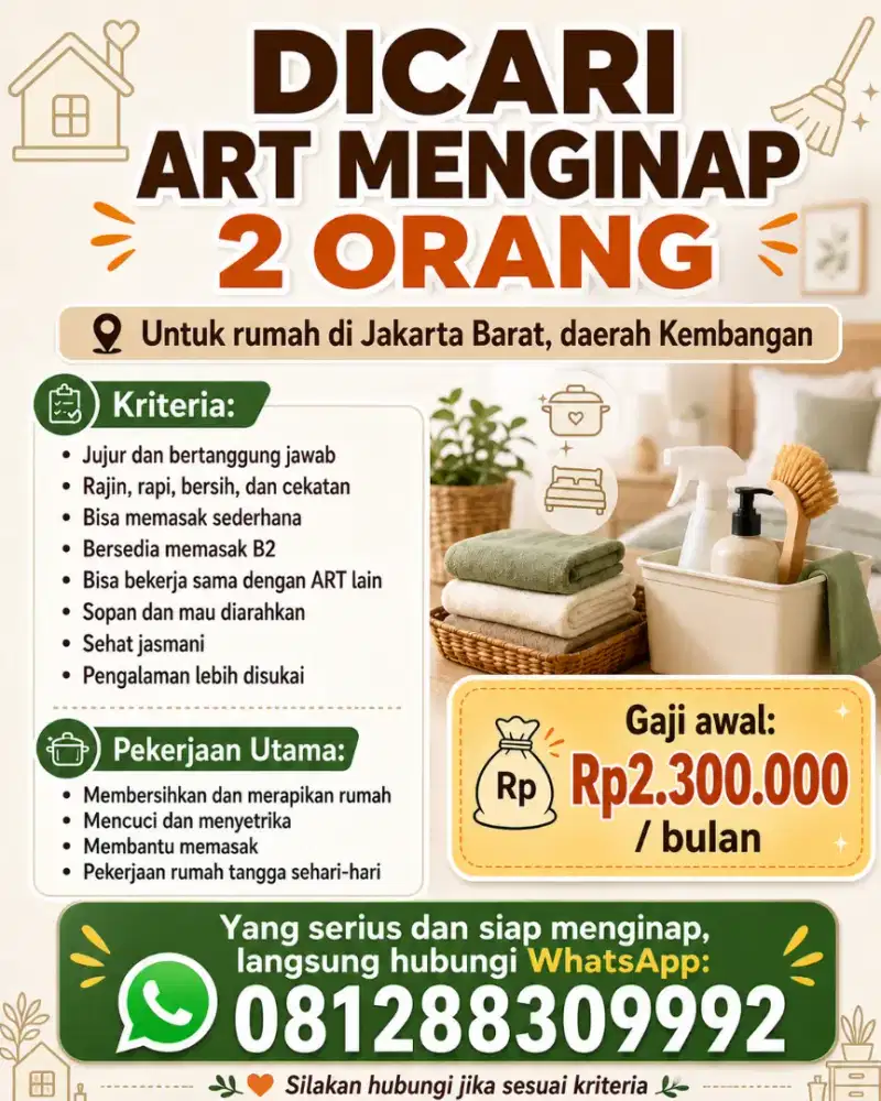 Dicari ART Menginap