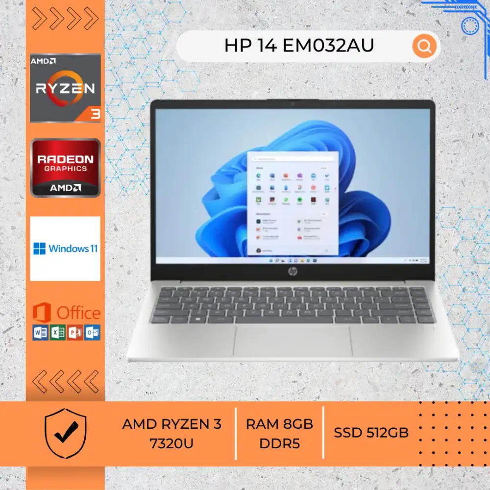LAPTOP BEKAS HP 14 EM032AU AMD RYZEN 3 7320U RAM 8GBDDR5 SSD512GB 14IN