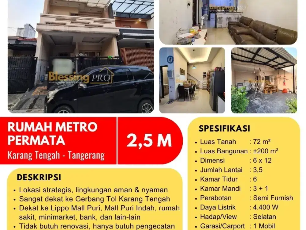 Dijual Rumah Metro Permata Karang Tengah 3,5 Lantai SHM Dekat Tol Karang Tengah
