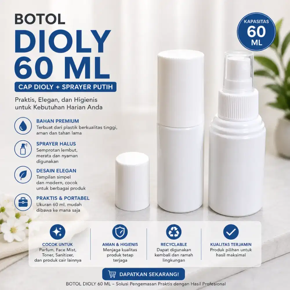 Botol Dioly Putih 60 ml + Cap Dioly Putih + Sprayer Putih