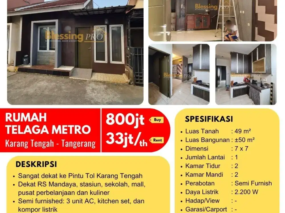 Disewakan Rumah Telaga Metro Karang Tengah 2 Kamar Siap Huni Dekat RS Mandaya