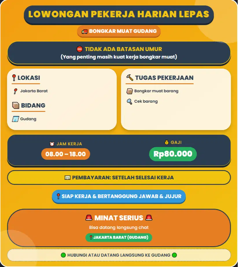 DICARI ADMIN GUDANG HARIAN  BUAT ANGKAT BARANG HITUNG BARANG