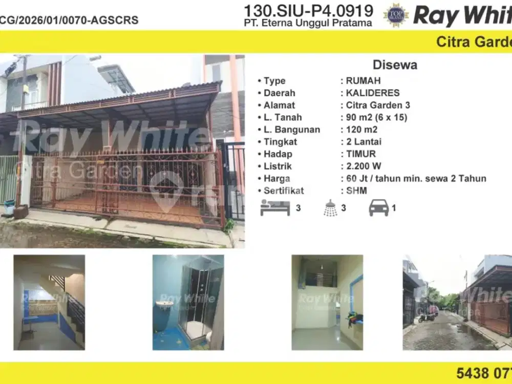 Disewakan Rumah 2 Lantai, Citra Garden 3 Murah Jakbar 0070Agscrs