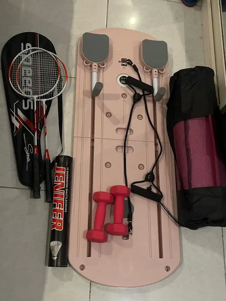 Papan pilates, matt, dumbell, raket badminton