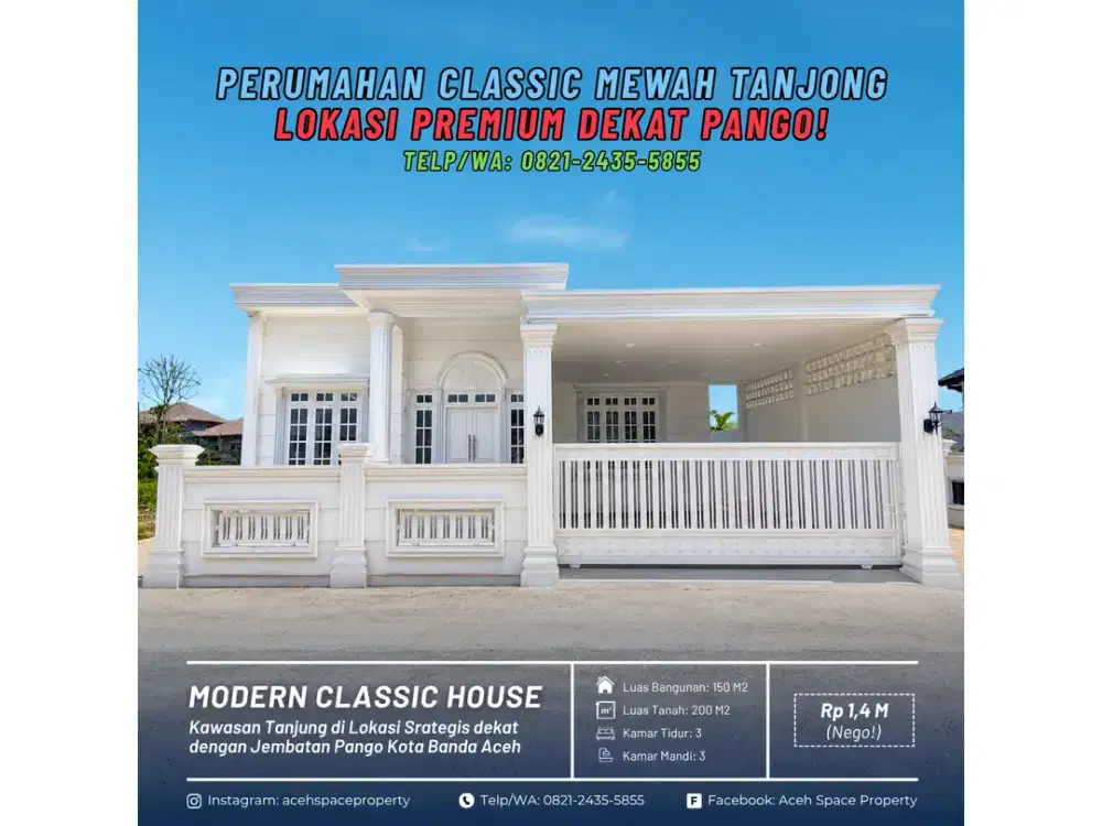 Dijual Rumah Classic Mewah di Tanjong - Dekat Kawasan Lueng Bata dan Jembatan Pango!
