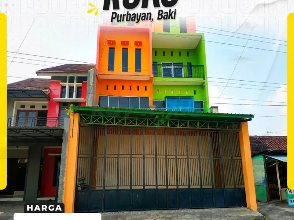 Dijual Ruko Megah 3 Lantai Warna Ikonik Lebar Depan 8m Hadap Selatan Strategis Berkembang di Purbayan Baki Sukoharjo