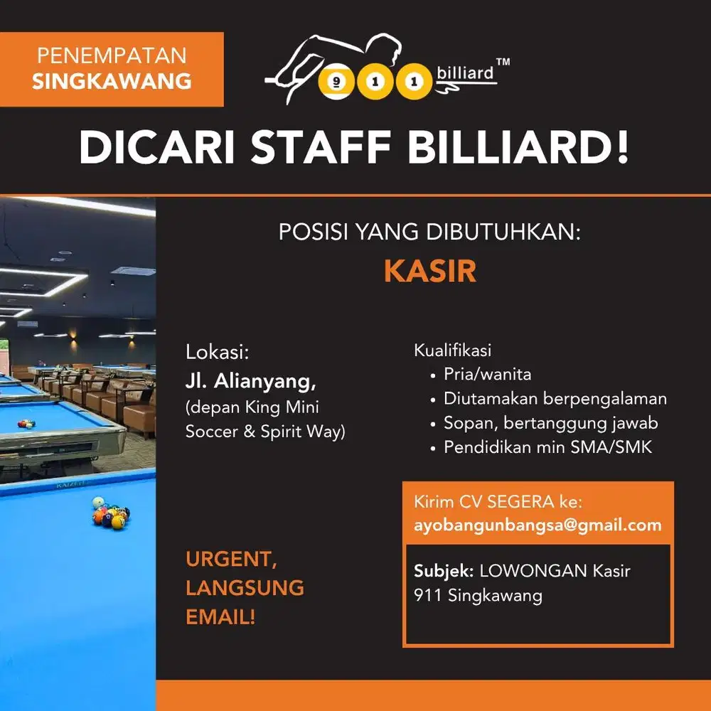 Open Loker Kasir 911 Billiard Singkawang