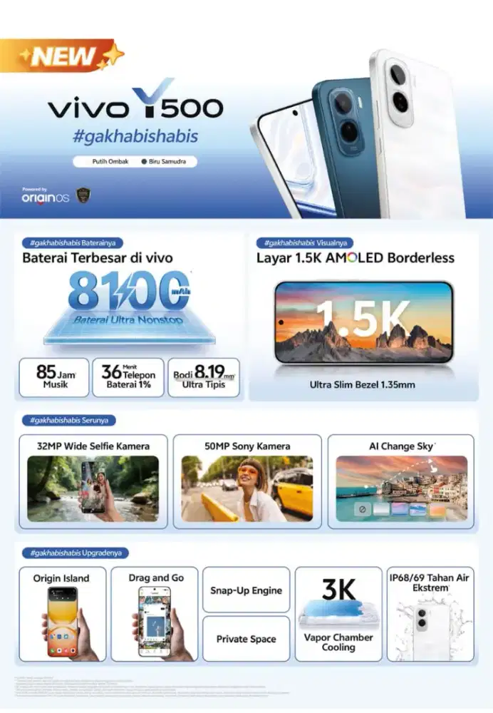 VIVO Y500 BATERAI 8100MAH, LAYAR AMOLED 1,5k KAMERA 50MP SONY IMX