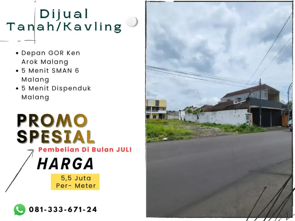 Tanah Komersil Dijual 5 Menit SMAN 6 Malang Lebar Jalan 6 Meter