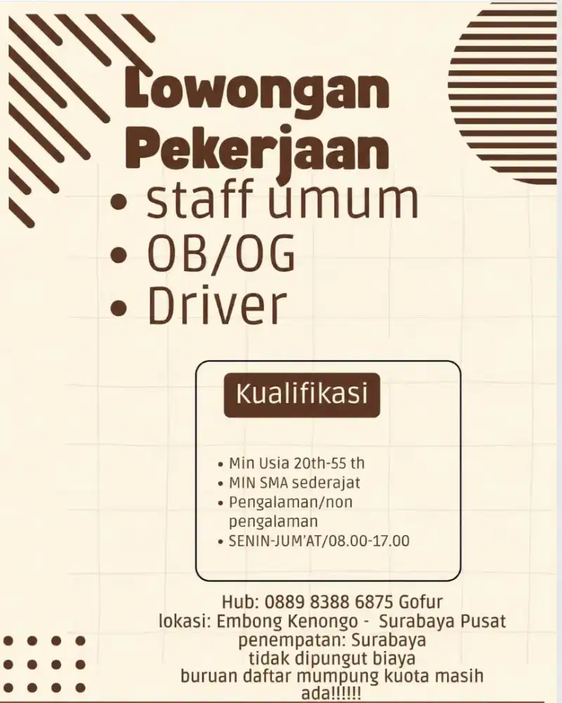 Dibutuhkan admin bendahara, sopir kantor, akuntansi kantor, OB staff
