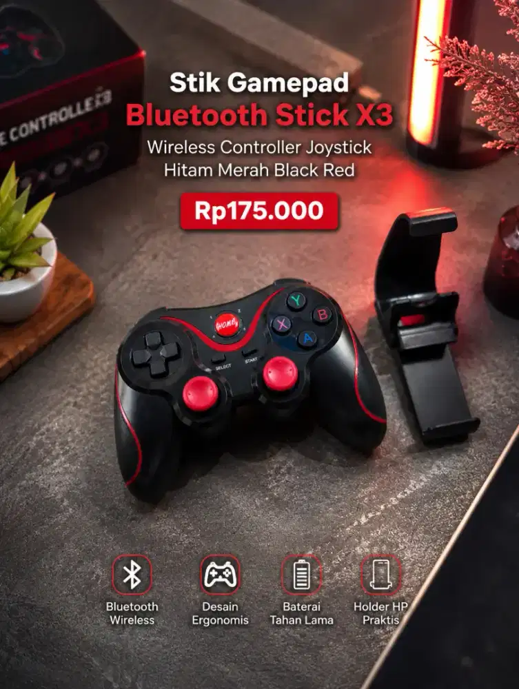 Stik Gamepad Bluetooth X3 Wireless Controller Joystick Hitam Merah