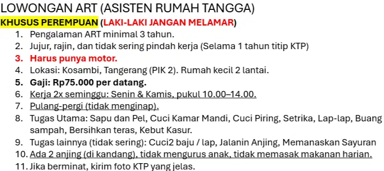 Lowongan Pembantu Asisten Rumah Tangga ART Baca Deskripsi HANYA WANITA