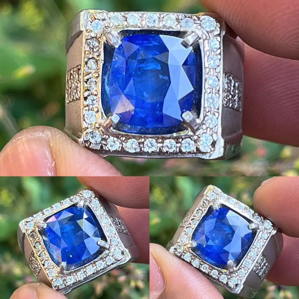 Cincin Natural Blue Sapphire Cushion Mewah 6,38 mm
