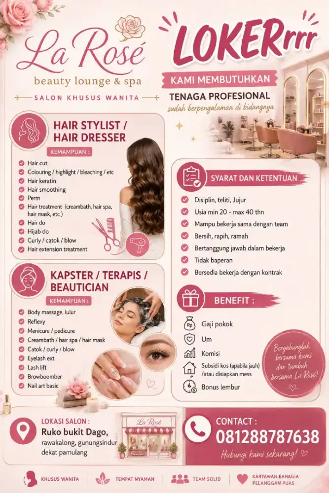 Lowongan pekerjaan salon khusus wanita, hair stylist&terapis