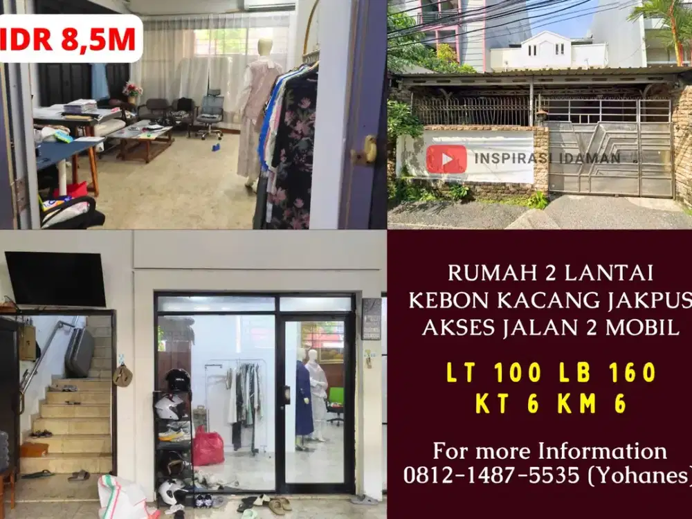 Rumah 2 Lantai Kebon Kacang Jakpus Akses Jalan 2 Mobil
