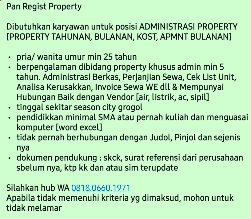 Lowongan Administrasi Property