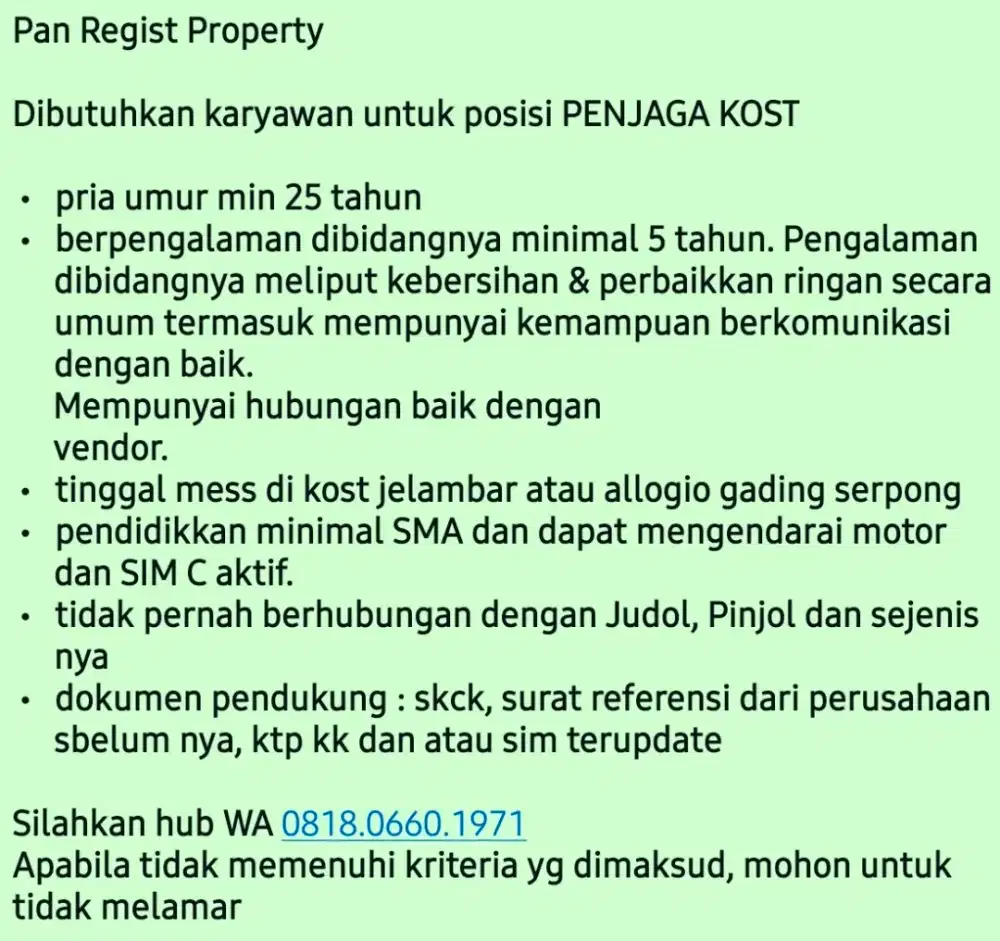LOWONGAN PENJAGA KOST
