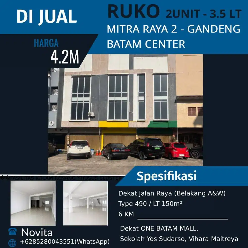 2 Unit Ruko 3.5 Lantai Gandeng Siap Pakai MITRA RAYA 2 Batam Center