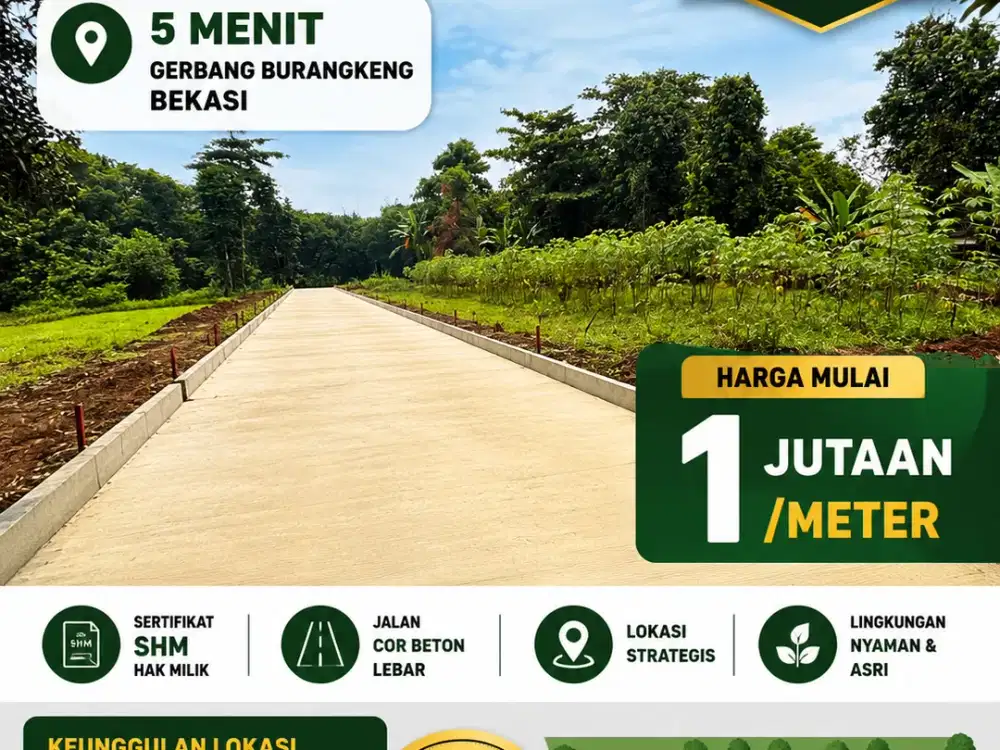 7 Menit Gerbang Toll Burangkeng Bekasi Dijual Murah Tanah Kavling SHM