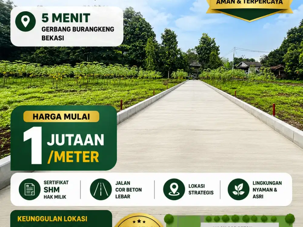 Dijual Murah Tanah Kavling Siap Bangun 7 Menit Gerbang Toll Burangkeng Bekasi, SHM