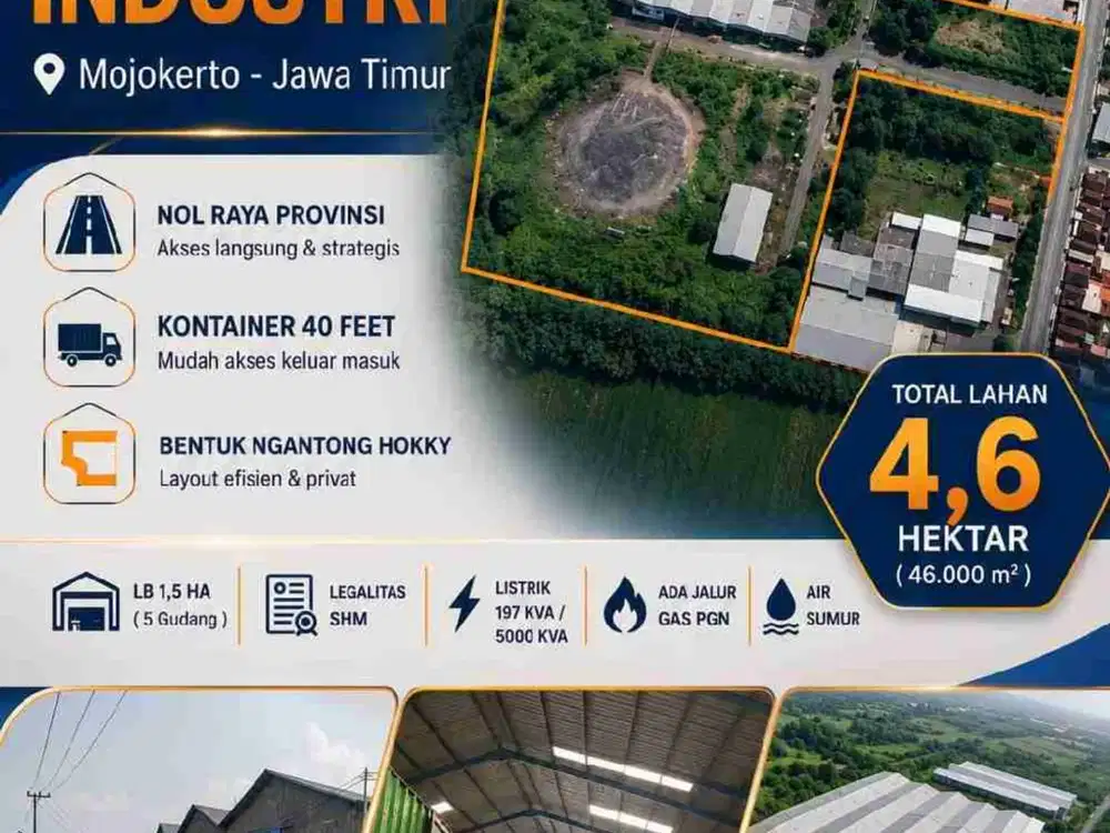 GUDANG PERIJINAN INDUSTRI SIAP PAKAI DI PUNGGING - MOJOKERTO

*Mojokerto - Jawa Timur*
Nol Raya Provinsi
KONTAINER 40 FEET 
Bentuk ngantong Hokky

- LT  4,6 ha (46.000m²)
- LB 1,5 ha (5 Gudang)
- Legalitas  SHM
- Listrik 197 Kva/5000 Kva.
- Ada Jalur Gas