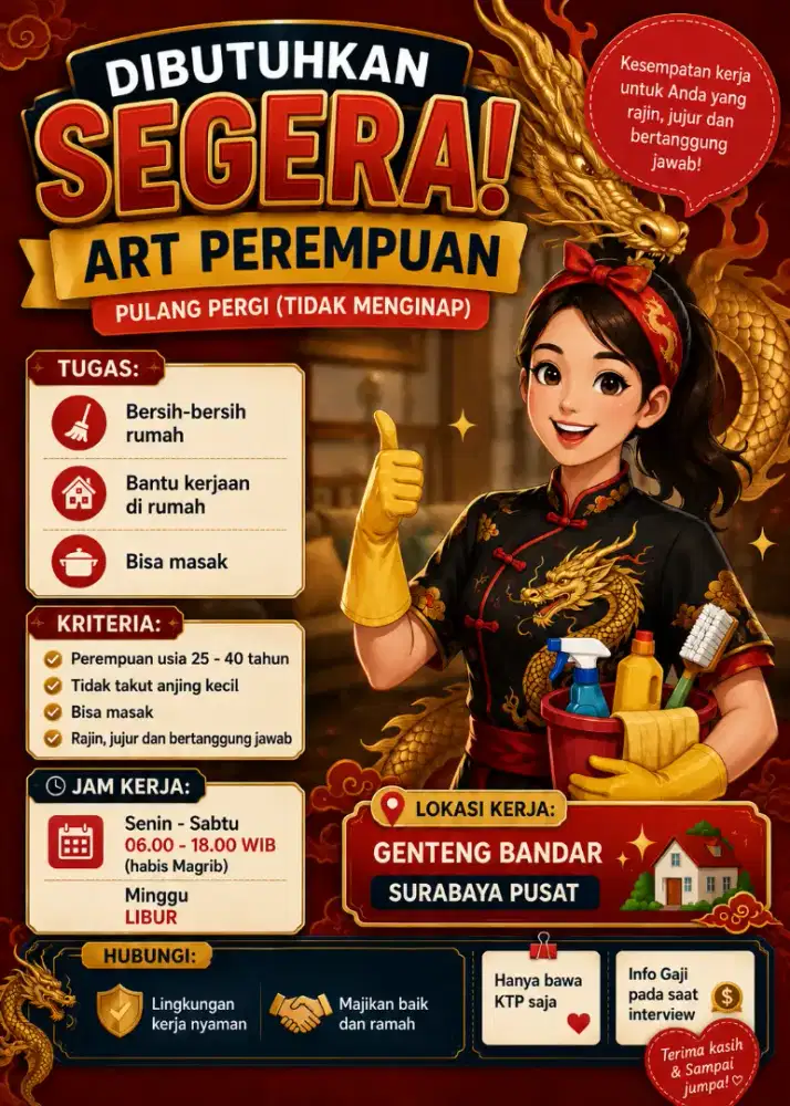 Dicari ART serabutan  atau Warnen PP mau pun menginap