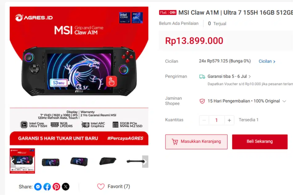 Handheld MSI Claw A1M Core Ultra 7 155H 16GB/512GB Konsol Genggam PC