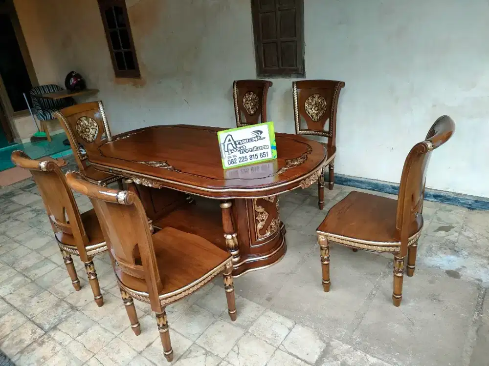 Meja makan gendong salina set kaca meja full kayu jati