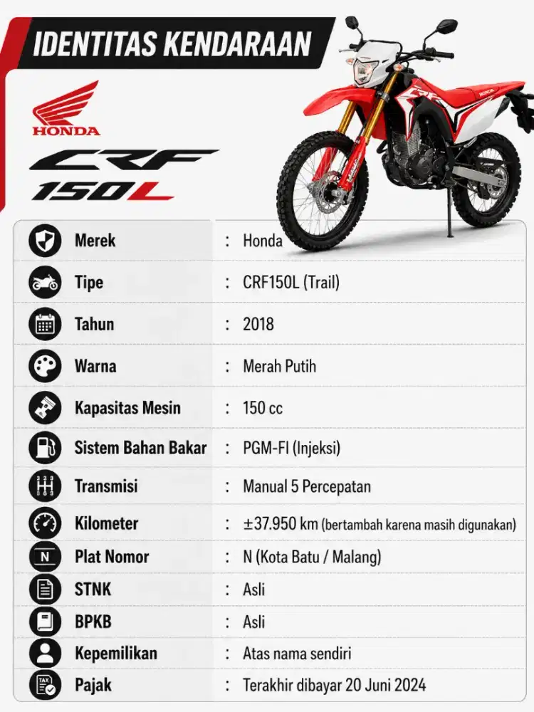 Honda CRF150L 2018 Mesin Sehat STNK BPKB Lengkap Kota Batu