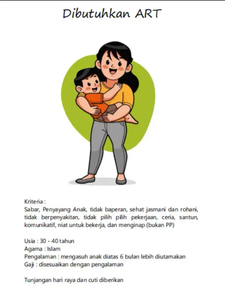 Dibutuhkan Asisten Rumah Tangga ART