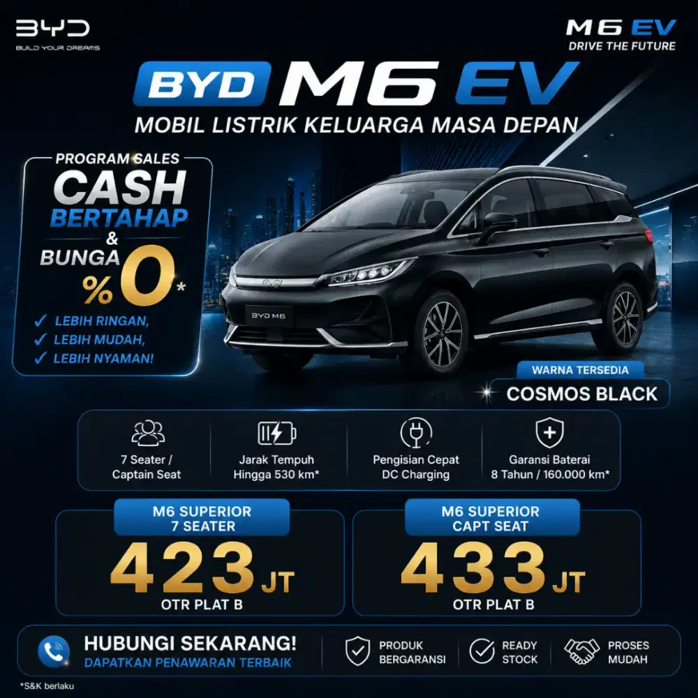 BYD M6 EV 2026 Ready Stock Promo Cash Bertahap Bunga 0% Plat B