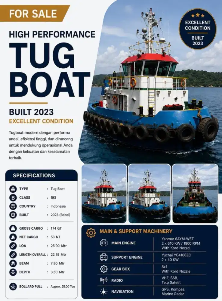 Di jual Tugboat / kapal tunda mesin Yanmar 2x800 hp tahun 2022