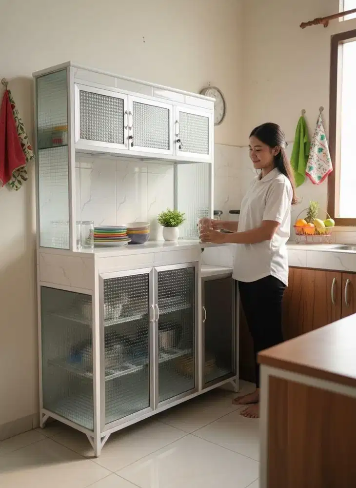 Lemari piring 3 pintu aluminium kaca es white