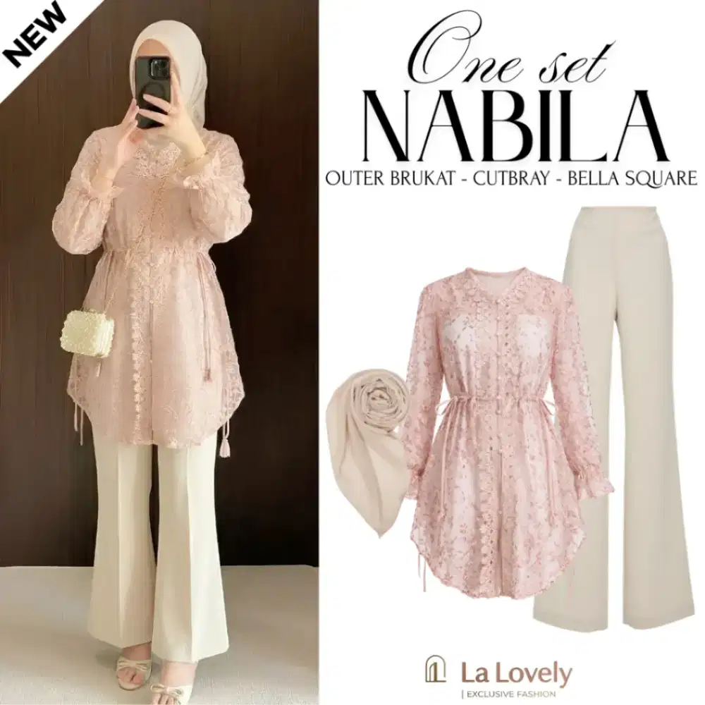 Setelan Kondangan Mewah Oneset 3in1 -Outer Brukat Rose Gold + Celana