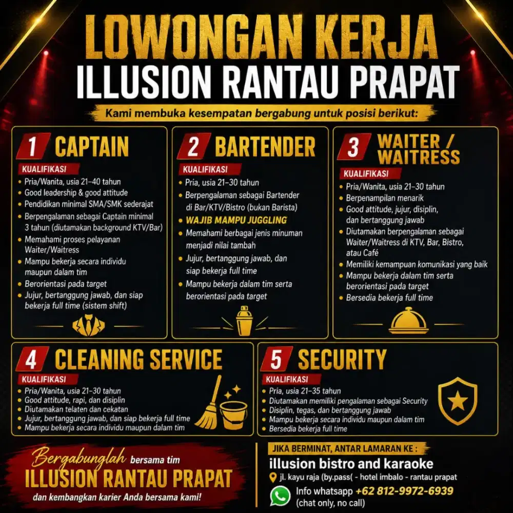 Dibutuhkan kapten, bartender, waiter / waitress, cleaning s, sekuriti