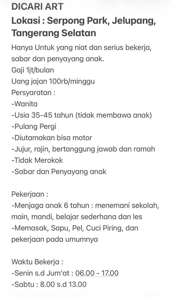 DICARI ART/PENGASUH ANAK