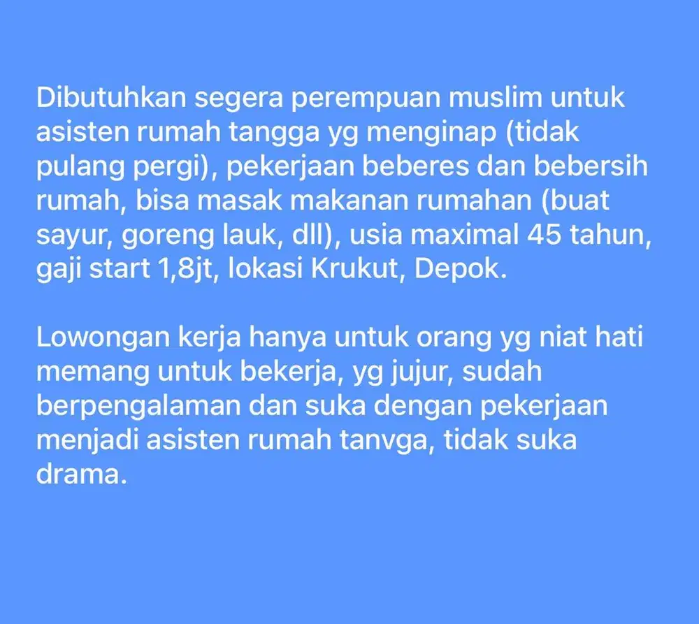 Dibutuhkan segera Asisten Rumah Tangga