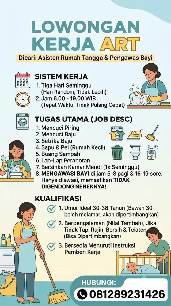 Dicari ART (3 hari kerja, 6-19 WIB)