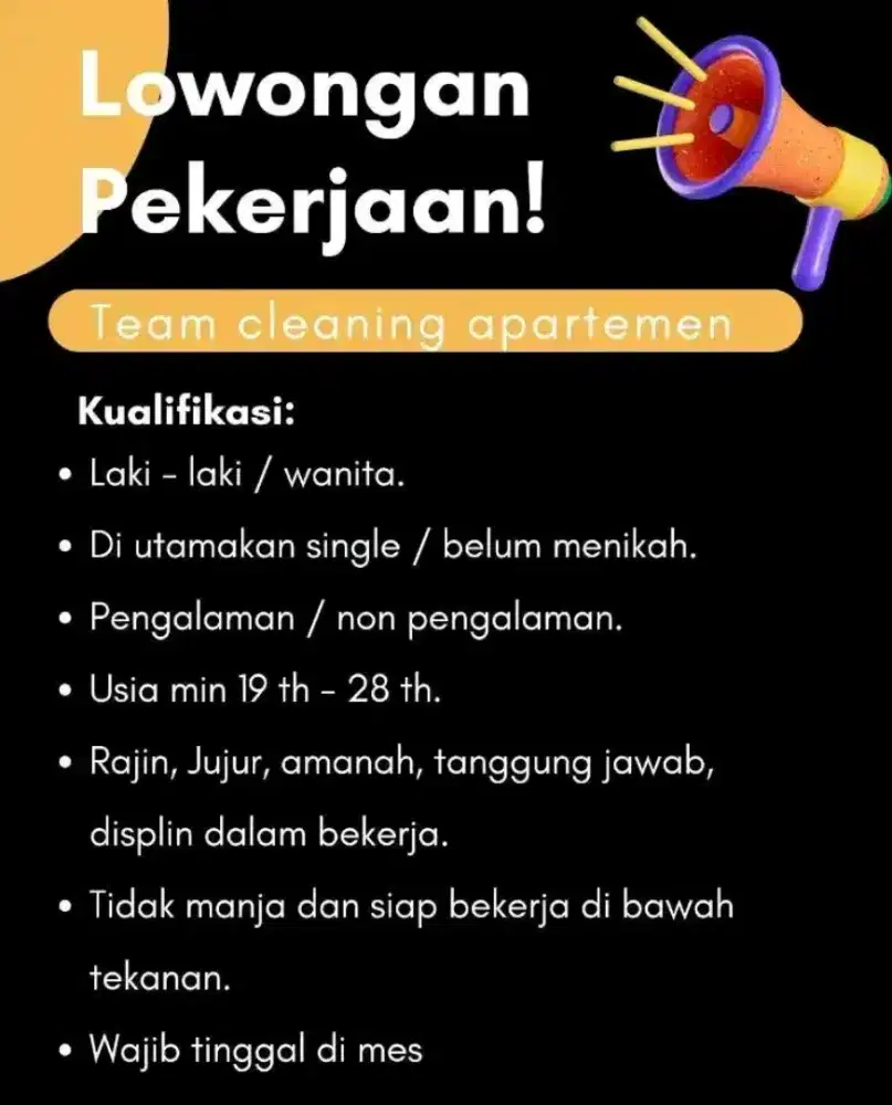 Di butuhkan team cleaning apartemen