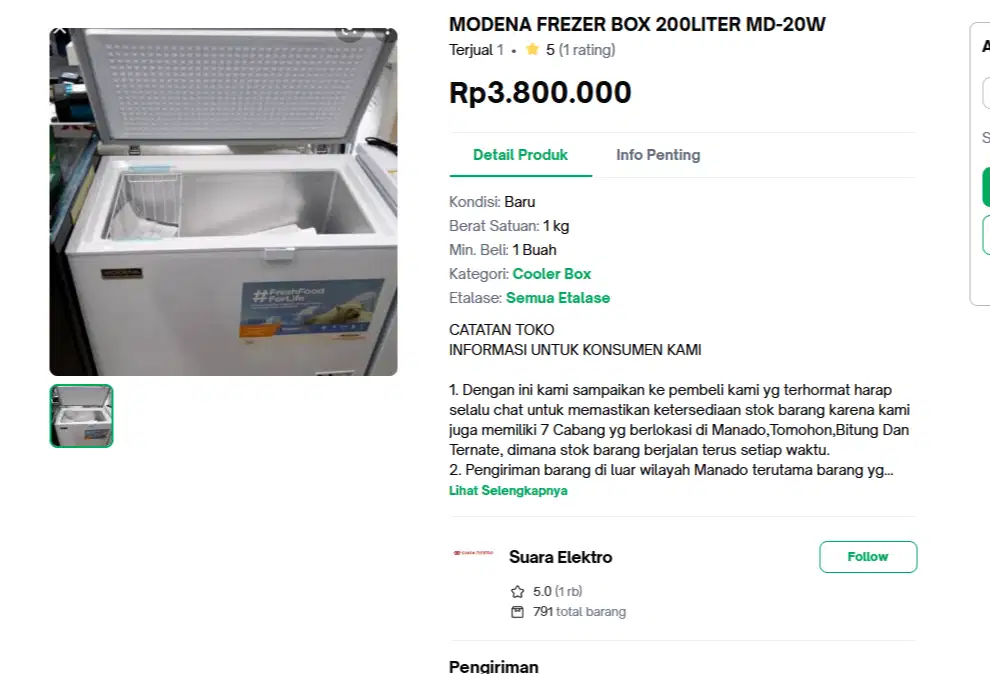 Freezer Modena, Dipakai hanya beberapa bulan.